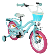 Kids' bike with a cheerful pink and blue design.